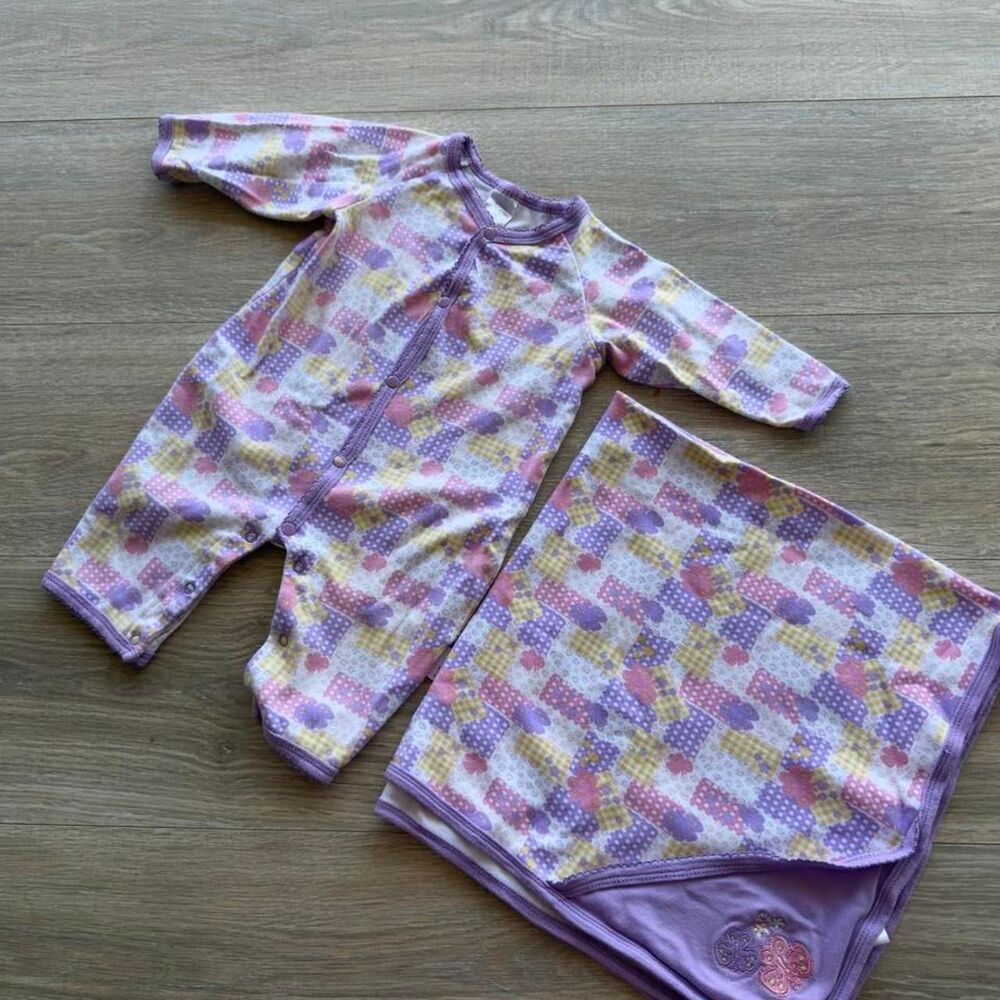 Healthtex Baby Girl 6/9 Mo Purple Patchwork Sleeper & Blanket Y2K Cottage VTG